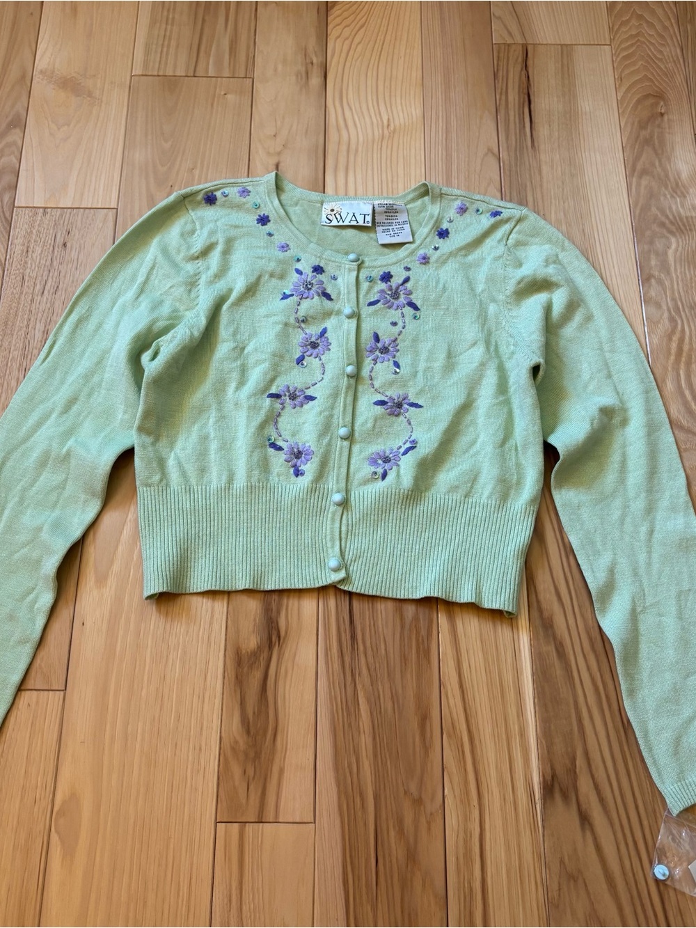 NEW Vintage 90’s SWAT Green Silk Blend Purple Floral Embellished Cardigan